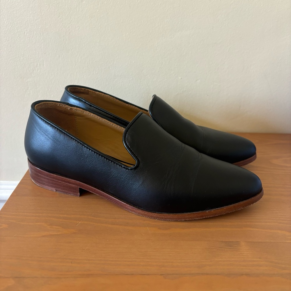 Women's Black Leather Slip-On Loafers with Brown Sole
